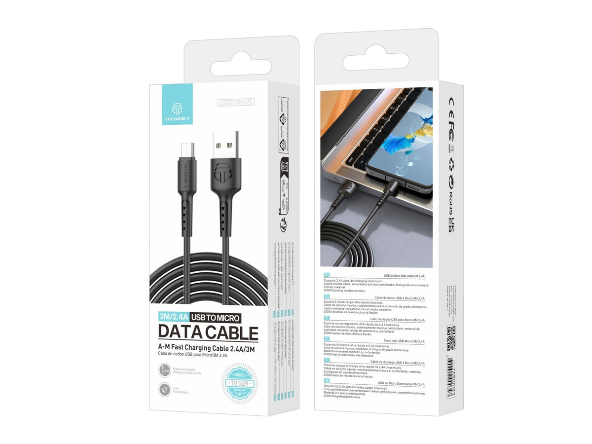 Techancy Cabo De Dados Preto TB1629, Cabo De Carregamento Rápido Usb Para Micro, 3 M/2,4 A, Compatível Com Dispositivos Android-3