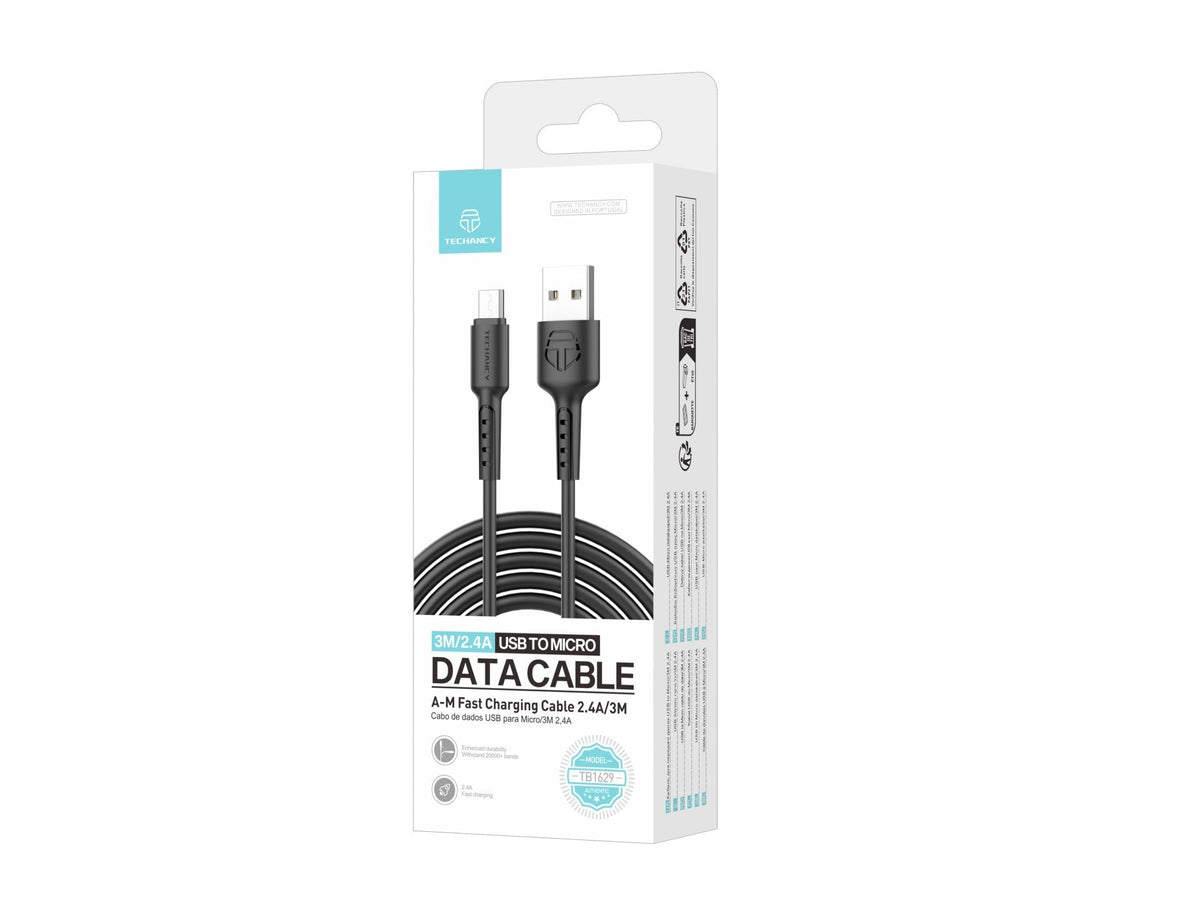 Techancy Cabo De Dados Preto TB1629, Cabo De Carregamento Rápido Usb Para Micro, 3 M/2,4 A, Compatível Com Dispositivos Android-2