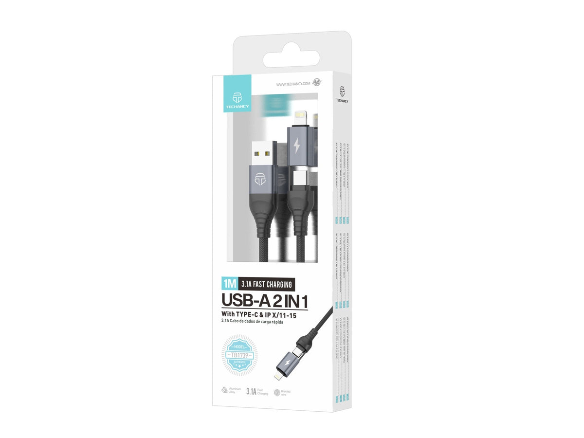 Techancy Cabo De Dados Usb 2 Em 1 Preto TB1739, Carregamento Rápido De 3,1 A, Tipo C/Lightning Em Ambas As Portas-4