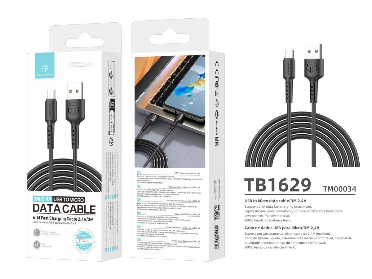 Techancy Cabo De Dados Preto TB1629, Cabo De Carregamento Rápido Usb Para Micro, 3 M/2,4 A, Compatível Com Dispositivos Android-4