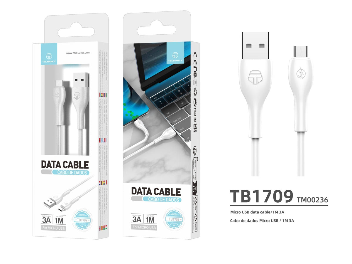Techancy Cabo De Dados Rápido 3a TB1709, Conetor Usb-Micro, 1 Metro De Comprimento Para Transferência De Dados, Branco-2